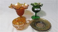 4 pieces of assorted carnival glass as shown