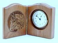 Wood Shelf Clock with Engraved Horses USA