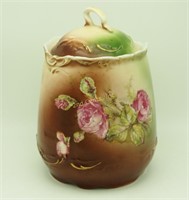 Antique 7" Hand Painted Ceramic Biscuit Rose Jar