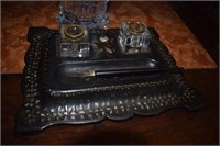 Antique Inkwell Desk Set w/ Pen - Black Lacquered