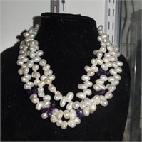 Genuine Pearl Necklace w/ Amethyst &