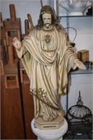 Tall Antique Plaster Jesus Figurine on Pedestal