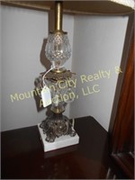 Pair of brass, glass, and marble table lamps