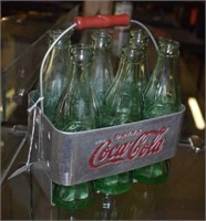 Vtg Metal Coca Cola Carrier w/ Rare Wooden Handle