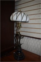 Vtg Bronze "Le Travail" Table Lamp w/ Glass Shade