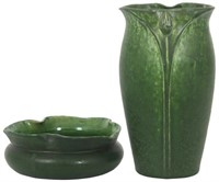 2 Pcs. Grueby Matte Green Glaze Pottery