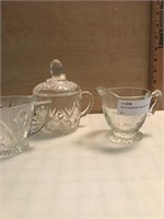 Set of 3 Etched Glass Sugar Bowl & Creamers