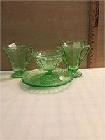 Set of 4 Green Depression Glass (cream, sugar,