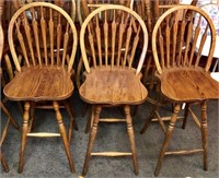 3 oak round back swivel bar stools