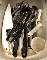 tub lot assorted small portion ladles, tongs,