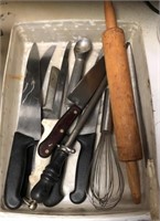 lug lot with assorted knives, whisk, sharpening