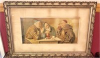 framed print of 3 monks conversing over a pint,