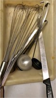 lug lot with 2 very large hand whisks, 4 & 6 oz.