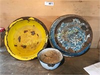 3 enamelware pans for flower pots