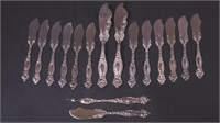 16 pieces of sterling silver: 13 butter knives,