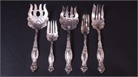 Five sterling silver serving forks, Frontenac