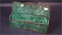 A green glass two-slot letter holder,