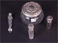 Four cut glass dresser items, all with sterling