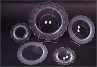 Five crystal frosted plates with rims marked