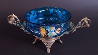 A blue glass 7" enameled bridal basket