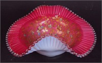 A 10" ruffled pink overlay milk glass bridal