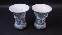 A pair of 7" high blue sculptured bluebell vases,