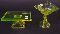 Two pieces of vaseline glass including