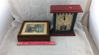 Wooden Floral Jewelry Box & Painted Mantle Clock