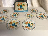 Antique Metal toy Toaster and matching plates