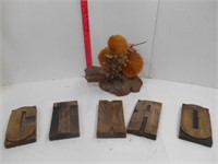 Primitive wooden letter block & driftwood decor