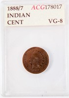 Coin  1888 Over 7 Indian Cent Certified VG8   Rare