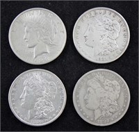 Four U. S. Silver Dollars, 3 Morgans, 1 Peace