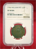 1766 William Pitt 1/2 Penny, NGC XF 40 BN