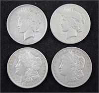 Four U. S. Silver Dollars, Two Morgans, Two Peace