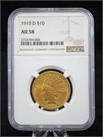 1910-D U. S. Ten Dollar Gold Coin, NGC AU 58