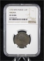 1773 Virginia 1/2 Penny, NGC XF 45 BN
