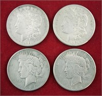 Four U.S.  Silver Dollars; 2 Peace,2 Morgans
