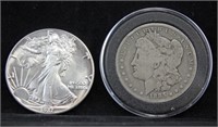 1885-O Morgan Dollar; 1987 One Ounce Silver Eagle