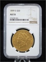 1899-S U. S. Twenty Dollar Gold Coin, NGC AU 55