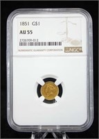 1851 U. S. One Dollar Gold Coin, NGC AU 55