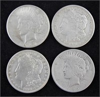 4 U. S. Silver Dollars; 2 Morgans 1921-S; 2 Peace