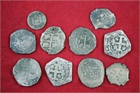 Ten Spanish minor cobs;  1,2,4 reales