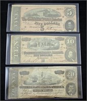 Confederate $5.00, $10.00, $20.00 Bills, 1864, Ric
