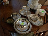 7 silver plate serving pcs and center