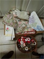 Quilted and cut work table linens with basket of