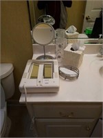 Makeup mirror, soap dish, tissue holder
