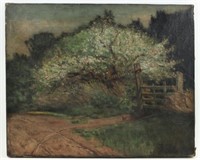 1908 Farm Gate and Blooming Tree Oil on Canvas