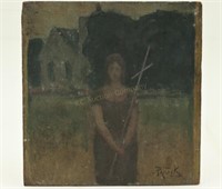 Woman w/Cross & Church Oil on Board