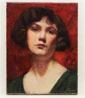 1924 Portrait of Girl Against Red Oil on Canvas