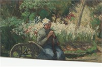Woman on Cart Impressionist Oil on Board
